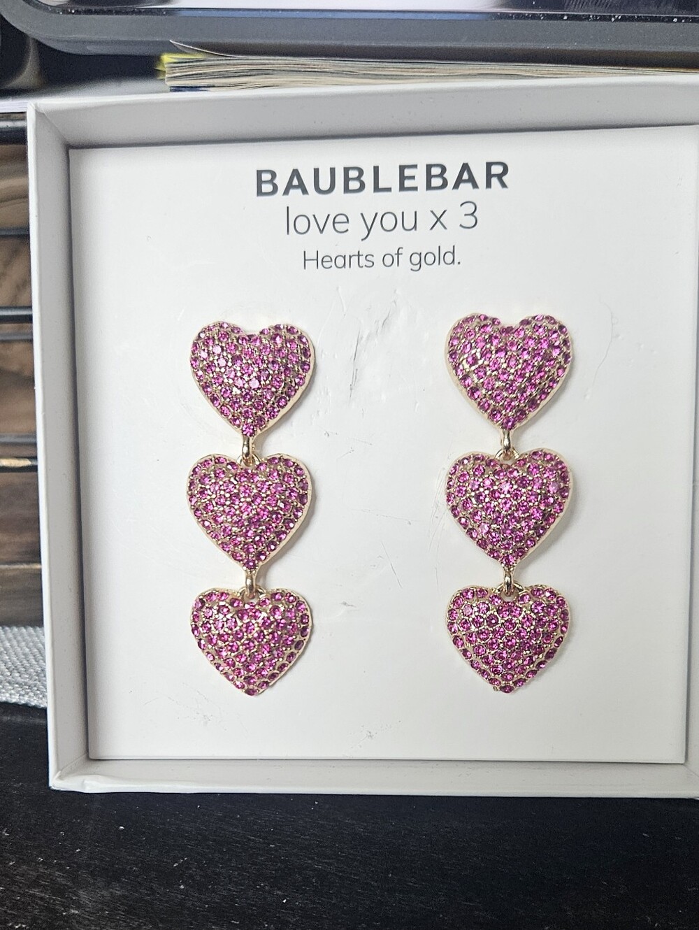 BaubleBar Pink Triple Heart Drop Earrings with Gold-Tone Edges, NWT - GIFTABLE